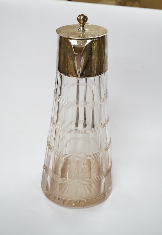 A George V silver mounted cut glass claret jug, William Hutton & Sons Ltd, Sheffield, 1931, height 27.7cm. Condition - fair